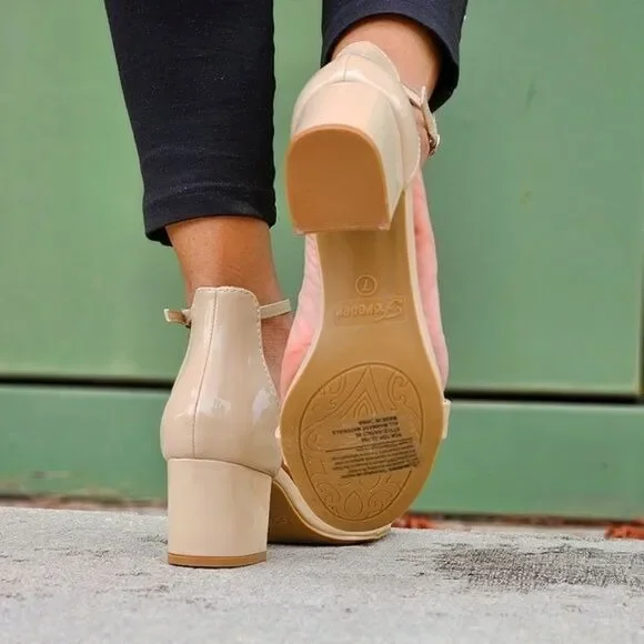 Women Ankle Straps Low Chunky Heels Sandals Beige Color - Picture 5 of 6